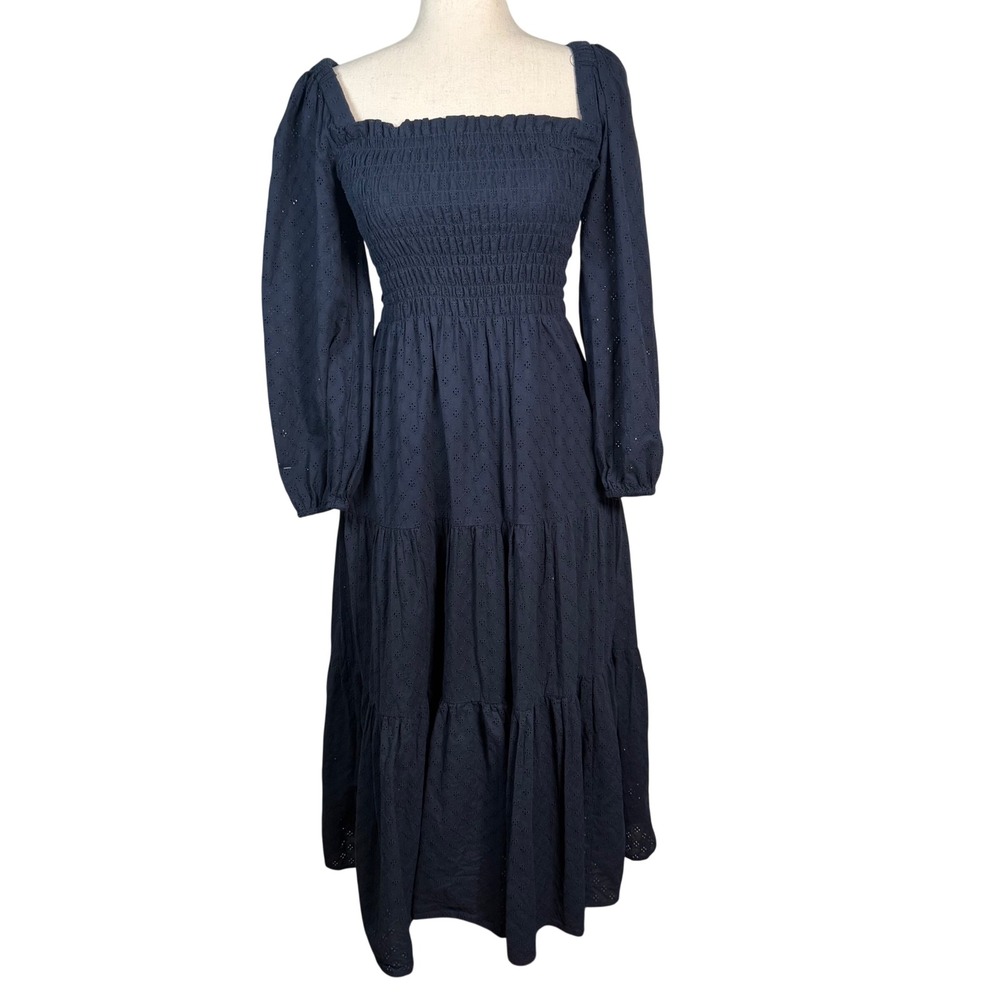 Madewell Eyelet Midi Dress Womens XS Navy Blue Cotton Smocked Tiered Cottagecore